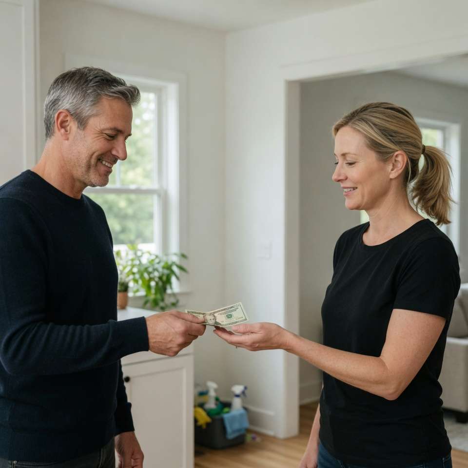 A client handing a cash tip to a professional house cleaner