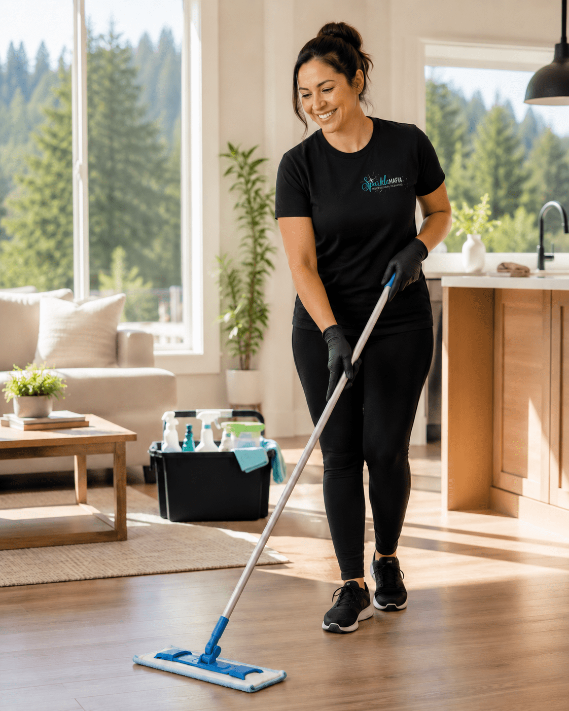 SparkleMafia cleaning technician mopping a bright home