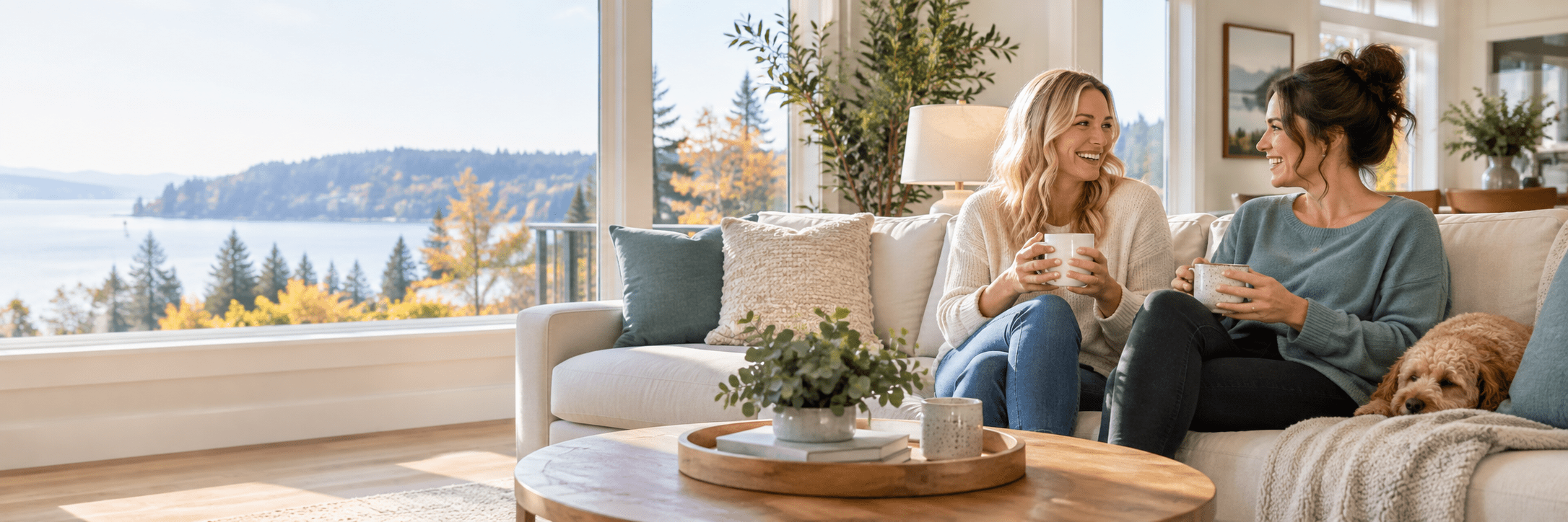 Two friends relaxing in a clean, bright living room