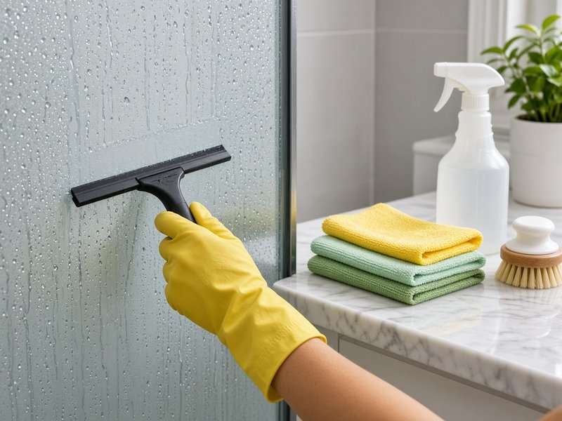 Hand in a yellow rubber glove squeegeeing water droplets off a glass shower door beside a marble counter with a spray bottle, folded microfiber cloths, and a scrub brush