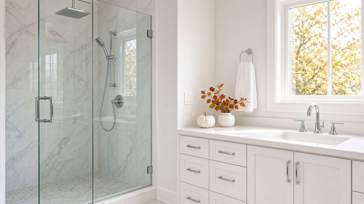Bright white bathroom with a frameless glass walk-in shower, marble-look tile, chrome rain showerhead, and a white vanity with a small white pumpkin and autumn leaves in soft fall sunlight